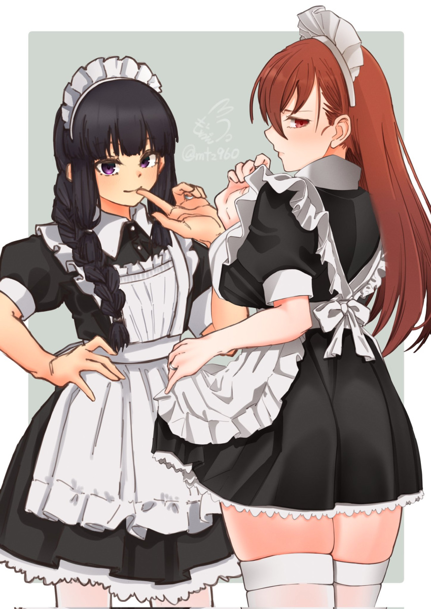 alternate_costume black_dress border braid braided_ponytail breasts brown_hair closed_mouth commentary_request cowboy_shot dress enmaided frilled_dress frills from_behind grey_background hand_on_own_hip highres jewelry kantai_collection kitakami_(kancolle) long_hair looking_at_viewer looking_back maid maid_headdress medium_breasts mochizou navel ooi_(kancolle) puffy_short_sleeves puffy_sleeves purple_eyes red_eyes ring short_sleeves signature smile thighhighs twitter_username wedding_ring white_border white_thighhighs