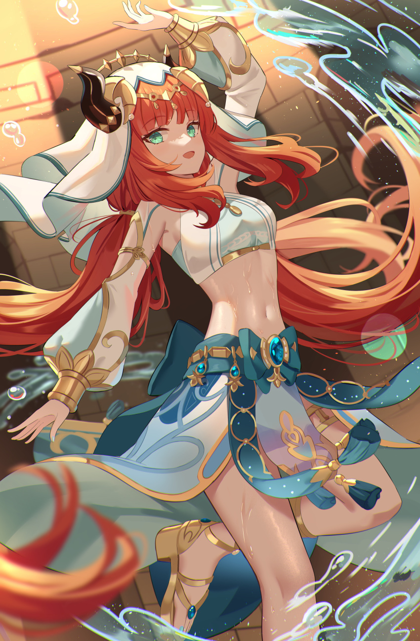 1girl absurdres arm_up armpits blue_eyes blue_gemstone blue_skirt blurry breasts crop_top dancer depth_of_field fake_horns gem genshin_impact gold_trim highres horns leg_up legs long_hair long_sleeves looking_at_viewer low_twintails medium_breasts midriff mirufuaa navel nilou_(genshin_impact) open_mouth puffy_sleeves red_hair revealing_clothes sandals skirt smile solo standing standing_on_one_leg stomach twintails veil very_long_hair water