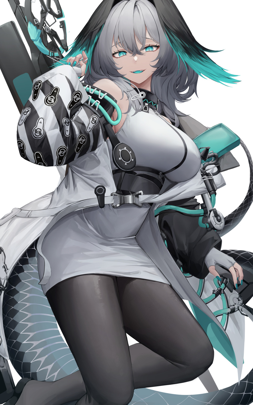 1girl :d absurdres aqua_eyes aqua_nails arknights bare_shoulders black_footwear black_pantyhose breasts coat commentary dress fangs fingerless_gloves gloves grey_gloves grey_hair hair_between_eyes hand_up head_wings highres ho'olheyak_(arknights) large_breasts long_sleeves looking_at_viewer mea_(hwaksal) medium_hair nail_polish off_shoulder open_clothes open_coat pantyhose pencil_dress short_dress simple_background smile solo thighs white_background white_coat white_dress wings