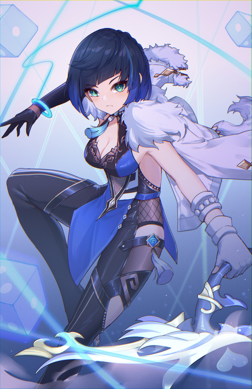 1girl absurdres aqua_simulacra_(genshin_impact) armpit_crease asymmetrical_gloves backless_dress backless_outfit bead_choker black_thighhighs blue_dress blue_hair bob_cut breasts bright_pupils chiyo_akira chromatic_aberration cleavage colored_tips diagonal_bangs dice dress elbow_gloves feather-trimmed_jacket fingerless_gloves foot_out_of_frame full_body fur-trimmed_jacket fur_trim genshin_impact gloves green_eyes highres jacket jacket_on_shoulders leg_up medium_breasts mismatched_gloves mole mole_on_breast multicolored_hair neck_tassel outstretched_arm pelvic_curtain serious short_hair sideboob single_elbow_glove single_fingerless_glove solo string tassel tassel_choker thighhighs vision_(genshin_impact) waist_cutout white_gloves white_jacket white_pupils yelan_(genshin_impact)