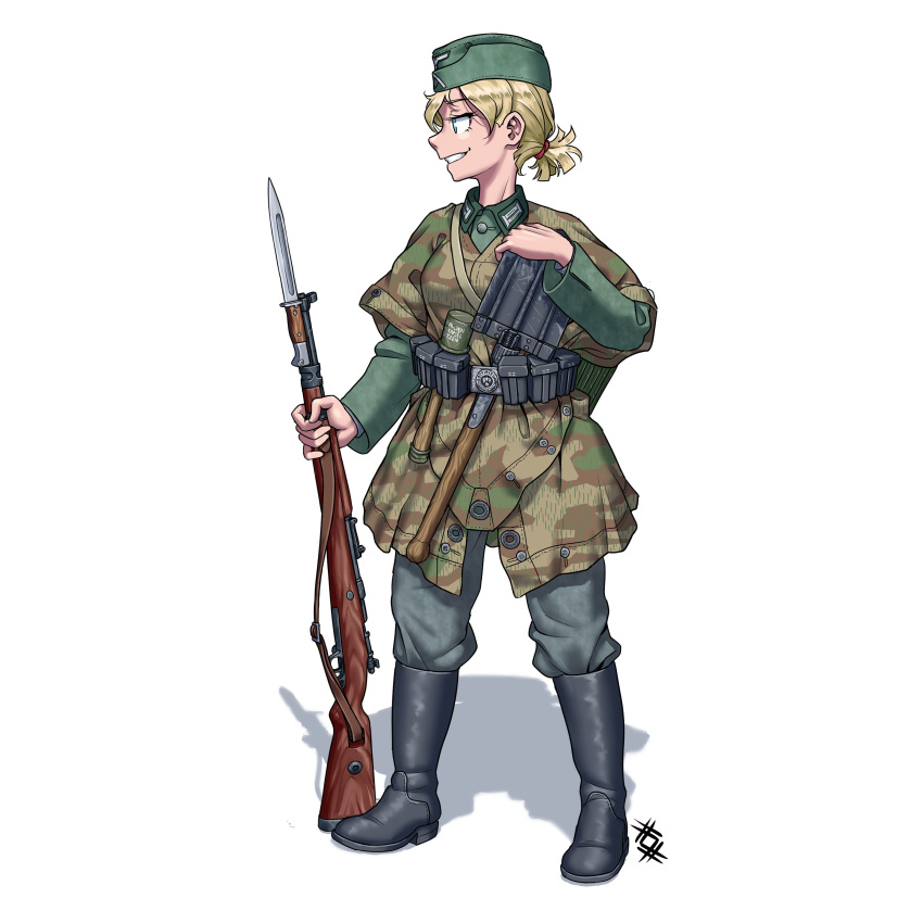 1girl absurdres ammunition_pouch bayonet blonde_hair blue_eyes bolt_action boots camouflage collar_tabs combat_helmet entrenching_tool explosive german_army germany grenade gun hat helmet highres holding holding_gun holding_weapon long_sleeves mauser_98 military military_hat military_uniform original ostwindprojekt pouch rifle shovel simple_background soldier solo stahlhelm stielhandgranate uniform weapon wehrmacht white_background world_war_ii