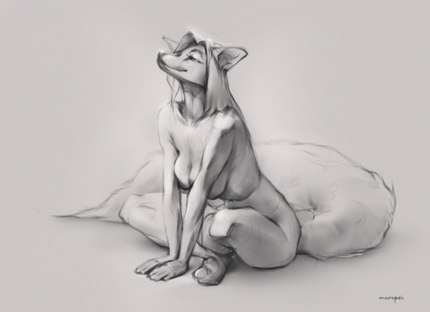 2022 anthro breasts canid canine digital_media_(artwork) feet female fox hanging_breasts humanoid_feet mammal mcrepsi monochrome nude plantigrade signature simple_background sitting sketch solo