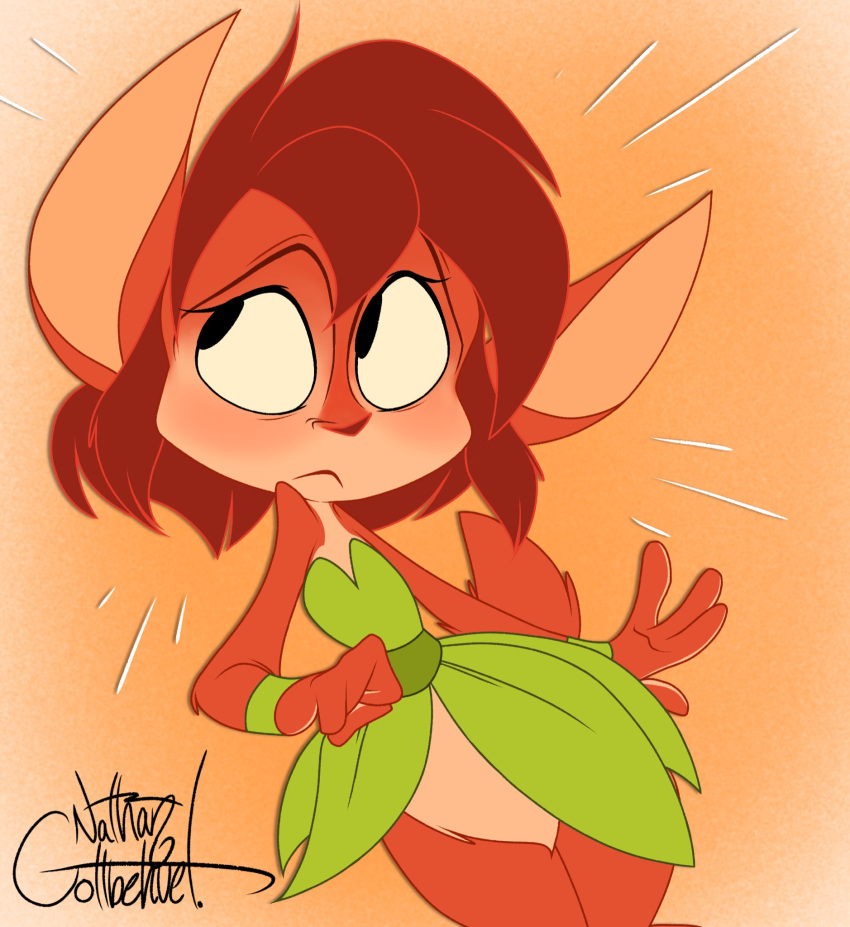 2023 activision anthro artist_name black_text blush breasts brown_body brown_fur brown_hair clothed clothing colored countershading deer digital_drawing_(artwork) digital_media_(artwork) elora faun_(spyro) female fur hair hi_res leaf leaf_clothing leaf_dress mammal orange_background scut_tail short_tail signature silentjack simple_background solo spyro_reignited_trilogy spyro_the_dragon tail text topwear wide_hips