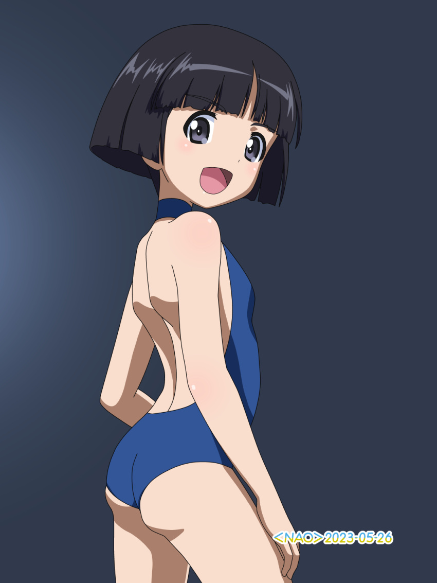 1girl artist_name ass black_hair blue_background blue_eyes blue_one-piece_swimsuit blush breasts contrapposto cowboy_shot dated girls_und_panzer highres looking_at_viewer median_furrow naotosi one-piece_swimsuit open_mouth shiny_skin short_hair shoulder_blades simple_background small_breasts smile solo sono_midoriko swimsuit