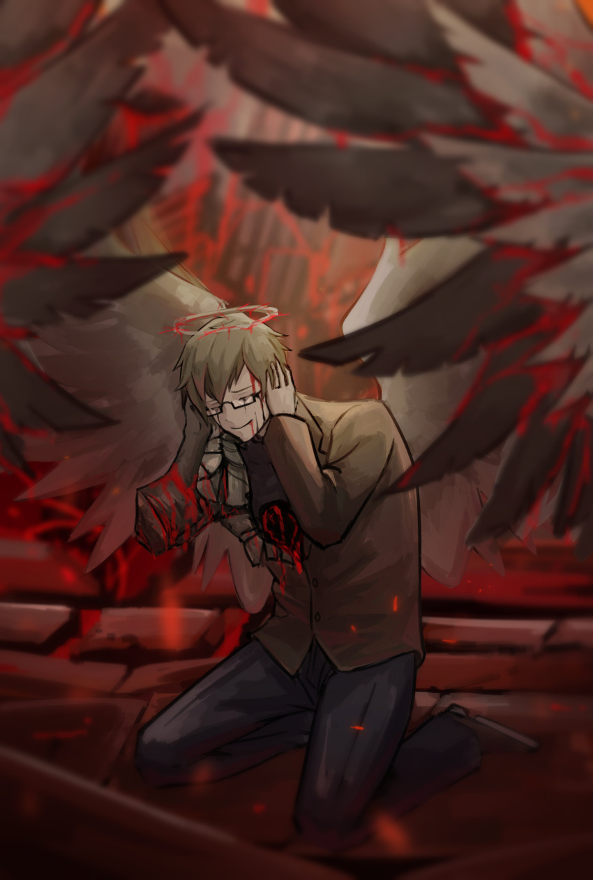 1boy absurdres blood blood_on_clothes bloody_wings blue_pants brown_footwear closed_eyes closed_mouth e.g.o_(project_moon) glasses grey_hair grey_jacket grey_wings halo highres hole_in_chest hole_on_body jacket kneeling library_of_ruina loafers long_sleeves pants philip_(library_of_ruina) project_moon ruiieru shoes sitting smile solo wings