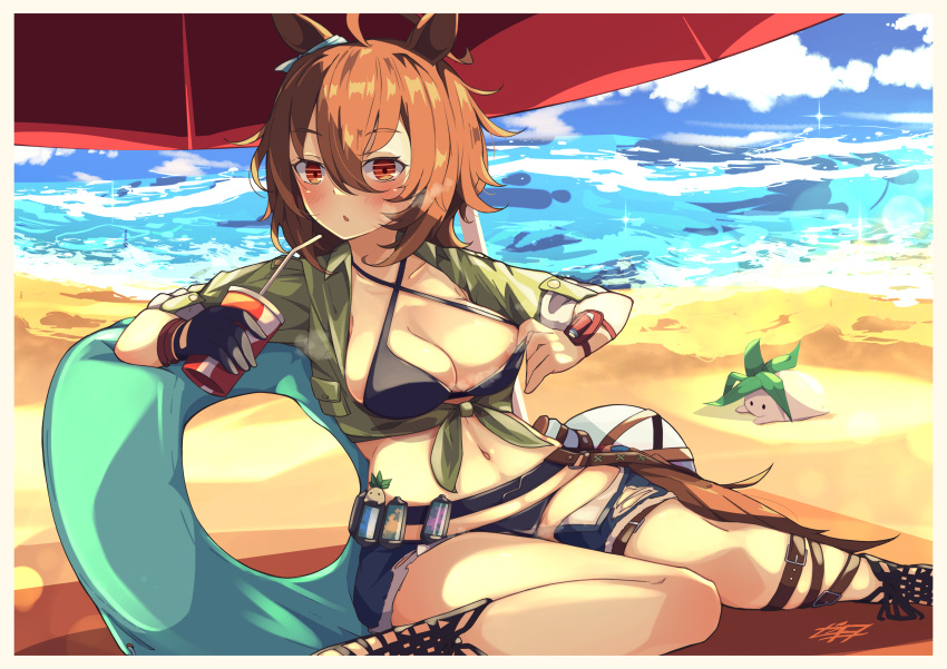 1girl absurdres agnes_tachyon_(lunatic_lab)_(umamusume) agnes_tachyon_(umamusume) ahoge animal_ears beach belt bendy_straw bikini black_bikini black_gloves blue_shorts breasts brown_eyes brown_hair canister cleavage collarbone commentary_request cork criss-cross_halter cup daikon disposable_cup drinking_straw ear_ornament fingerless_gloves flask gloves green_jacket hair_between_eyes halterneck highres holding holding_cup horse_ears horse_girl horse_tail innertube jacket leg_belt looking_at_viewer lounging messy_hair ocean official_alternate_costume open_clothes open_shorts parasol radish round-bottom_flask shadow short_shorts shorts signature single_fingerless_glove sitting sky sparkle summer's_sunlight_fades_to_blue_(umamusume) swimsuit tail tied_jacket torn_clothes torn_shorts umamusume umbrella woruta_(soloistlist) wrist_straps
