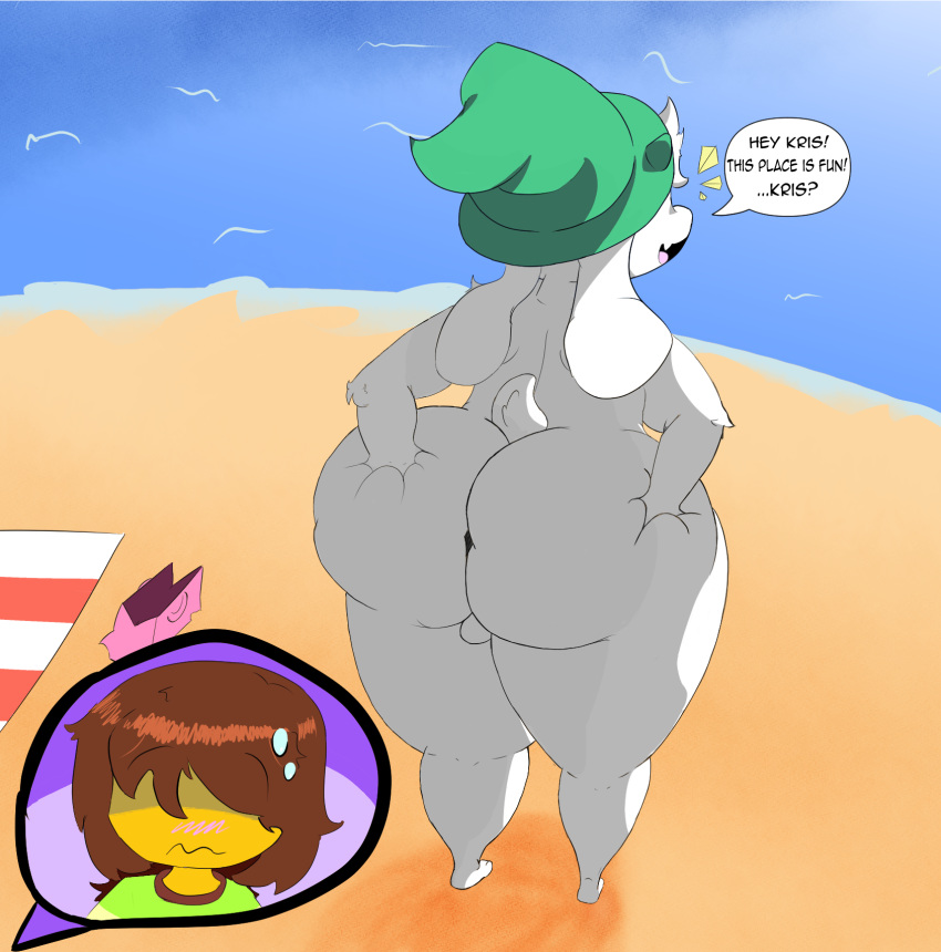 anthro balls barcash07 beach blush bovid butt caprine clothed clothing curvy_figure deltarune dialogue digital_media_(artwork) duo english_text fur genitals goat hair hat headgear headwear hi_res horn human interspecies kris_(deltarune) looking_surprised male male/male mammal nude open_mouth ralsei sea seaside smile solo_focus standing tail text thick_thighs undertale_(series) voluptuous water white_body white_fur wide_hips