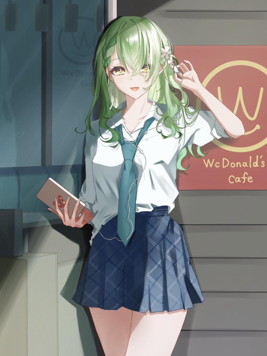 1girl alternate_costume blue_necktie blue_skirt bungo_nosuke cellphone ceres_fauna commentary_request crossed_bangs dress_shirt earbuds earphones flower green_hair hair_flower hair_ornament highres holding holding_phone hololive hololive_english humanization long_hair looking_at_viewer loose_necktie mole mole_under_eye necktie open_mouth phone plaid plaid_skirt removing_earbuds school_uniform shirt skirt solo virtual_youtuber white_shirt yellow_eyes