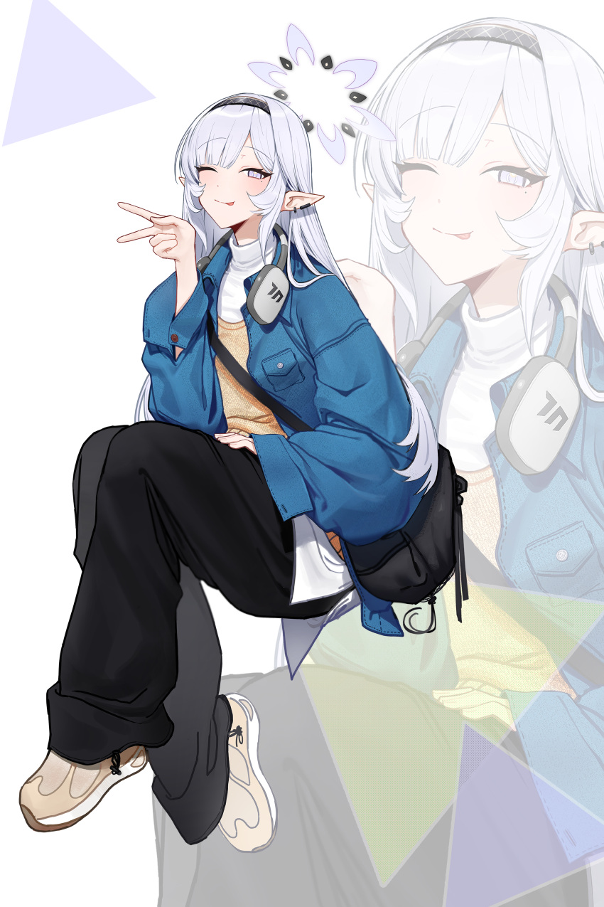 1girl ;p absurdres alternate_costume baggy_pants black_bag black_hairband black_pants blue_archive blue_jacket brown_footwear casual commentary_request ear_piercing earclip hairband halo hand_up headphones headphones_around_neck highres himari_(blue_archive) jacket long_hair long_sleeves looking_at_viewer one_eye_closed pants piercing pointy_ears purple_eyes purple_halo shirt shoes sitting sleeves_past_wrists solo tongue tongue_out turtleneck v white_hair white_shirt zanya_000