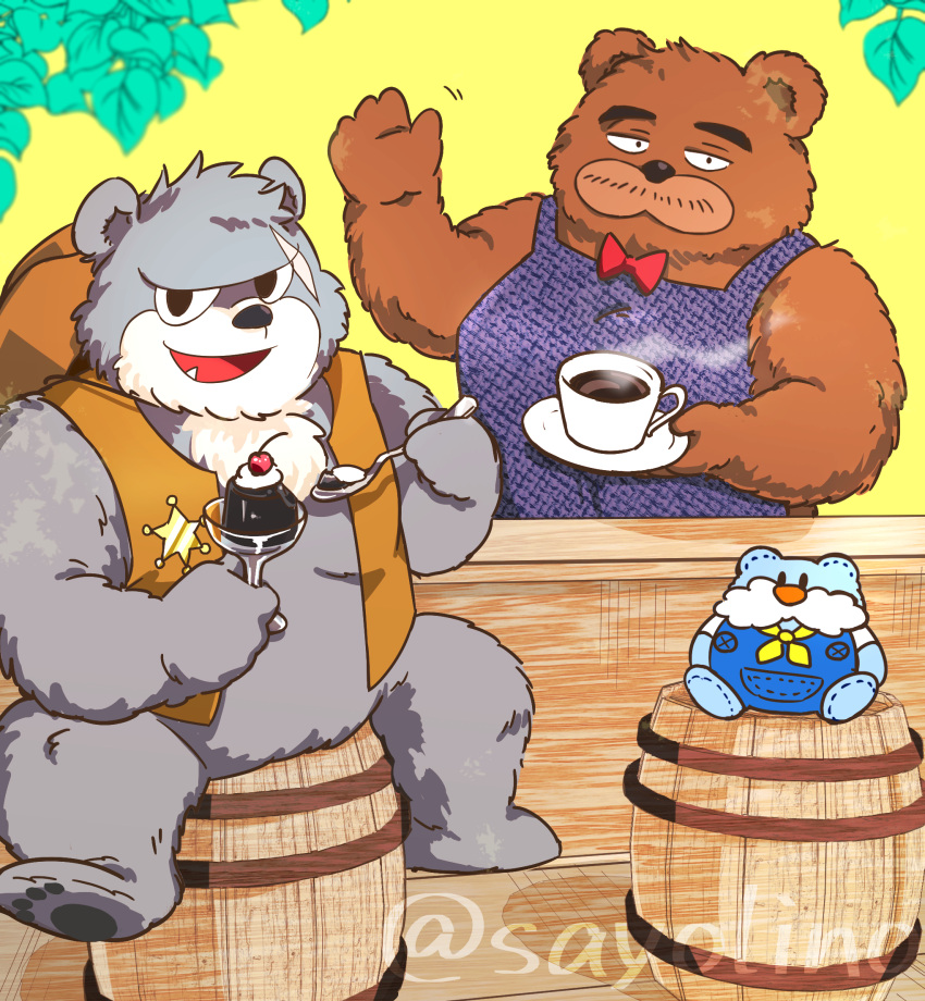 2023 anthro apron bear beverage black_nose bow_tie brew_(kumalino) brown_body brown_fur clothing coffee duo fur grey_body grey_fur hat headgear headwear hi_res kemono kumalino mammal plushie roast_(kumalino) sanrio sayolino scar sitting