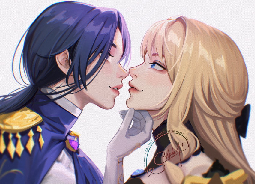 2girls blonde_hair blue_eyes clorinde_(genshin_impact) closed_mouth from_side genshin_impact highres multiple_girls navia_(genshin_impact) parted_lips signature silphori twitter_username yuri