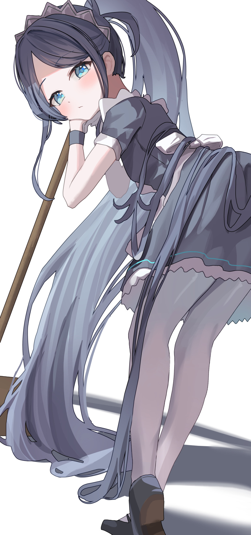 1girl absurdres aris_(blue_archive) aris_(maid)_(blue_archive) black_dress black_hair blue_archive blue_eyes closed_mouth dress frilled_dress frills guree_(haiiro) head_rest highres holding holding_staff leaning_on_object long_hair looking_at_viewer maid_headdress official_alternate_costume official_alternate_hairstyle pantyhose parted_bangs ponytail puffy_short_sleeves puffy_sleeves revision short_sleeves simple_background solo staff standing very_long_hair white_background white_headwear white_pantyhose