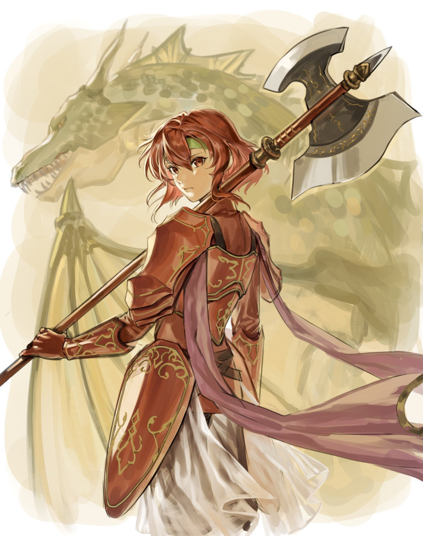 1girl abinosu0903 armor border commentary_request dragon dragon_wings faulds fire_emblem fire_emblem:_shadow_dragon gauntlets green_hairband hairband halberd highres holding holding_polearm holding_weapon looking_back minerva_(fire_emblem) polearm red_armor red_eyes red_hair short_hair teeth weapon white_border wings