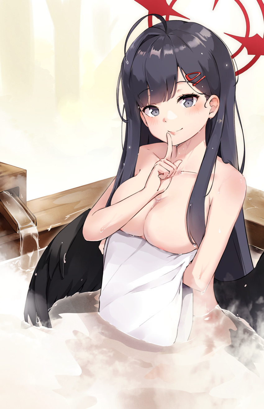 1girl absurdres ahoge bathing black_hair black_wings blue_archive blue_eyes closed_mouth completely_nude covering covering_breasts finger_to_mouth hair_ornament hairclip halo highres holding holding_towel ichika_(blue_archive) index_finger_raised koy_(4767269) looking_at_viewer low_wings nude outdoors partially_submerged red_halo shushing smile solo steam towel tree wet wings