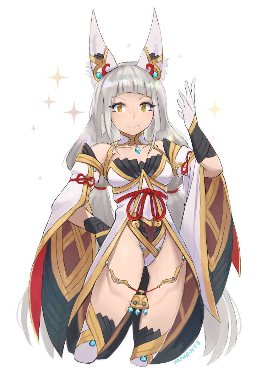 &gt;:) 1girl absurdres animal_ear_fluff animal_ears arm_up bare_shoulders breasts brown_eyes closed_mouth collarbone commentary cropped_legs english_commentary gloves grey_hair highres kaphrin leotard long_hair looking_at_viewer medium_breasts nia_(xenoblade) signature simple_background smile solo sparkle v-shaped_eyebrows very_long_hair white_background white_gloves white_leotard xenoblade_chronicles_(series) xenoblade_chronicles_2