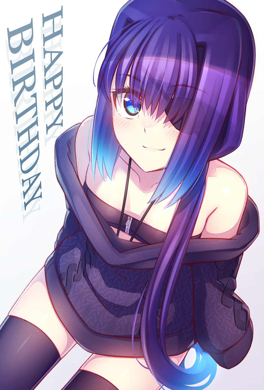 1girl absurdres bare_shoulders black_sweater black_thighhighs blue_eyes blue_hair blush breasts closed_mouth collarbone commentary_request eyepatch gradient_background gradient_hair grey_background hair_intakes happy_birthday highres long_hair long_sleeves multicolored_hair murasame_shia off-shoulder_sweater off_shoulder original puffy_long_sleeves puffy_sleeves purple_hair sitting small_breasts smile solo sweater thighhighs very_long_hair white_background