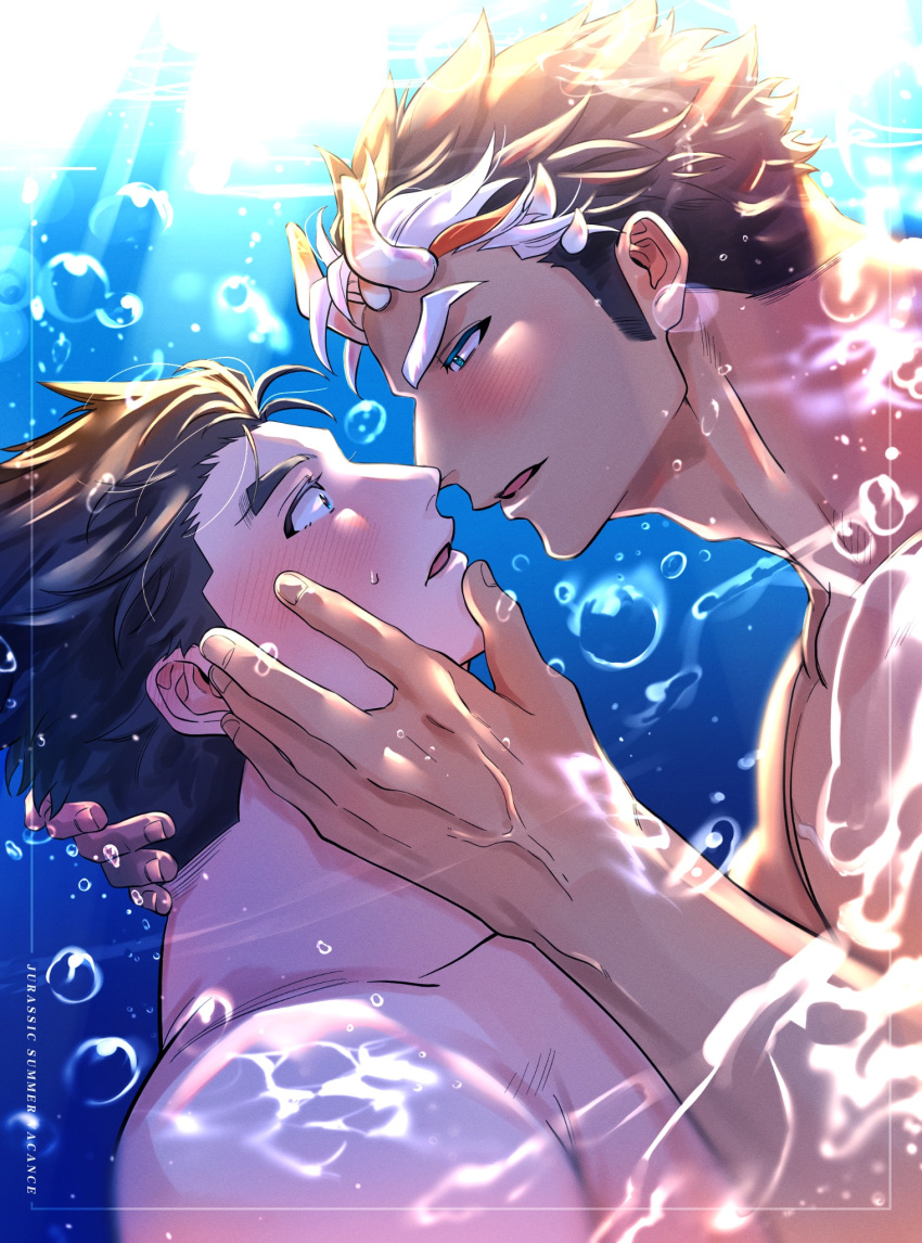 2boys bara black_hair blue_eyes blush couple dark-skinned_male dark_skin demon_boy demon_horns doku_(hitori_ox) extra_horns from_side hand_on_another's_cheek hand_on_another's_chin hand_on_another's_face highres horns imminent_kiss interracial large_pectorals long_sideburns macroich_(housamo) male_focus multicolored_hair multiple_boys multiple_horns muscular muscular_male nude pectorals protagonist_3_(housamo) short_hair sideburns thick_eyebrows tokyo_afterschool_summoners two-tone_hair underwater upper_body veins veiny_hands white_hair wide-eyed yaoi