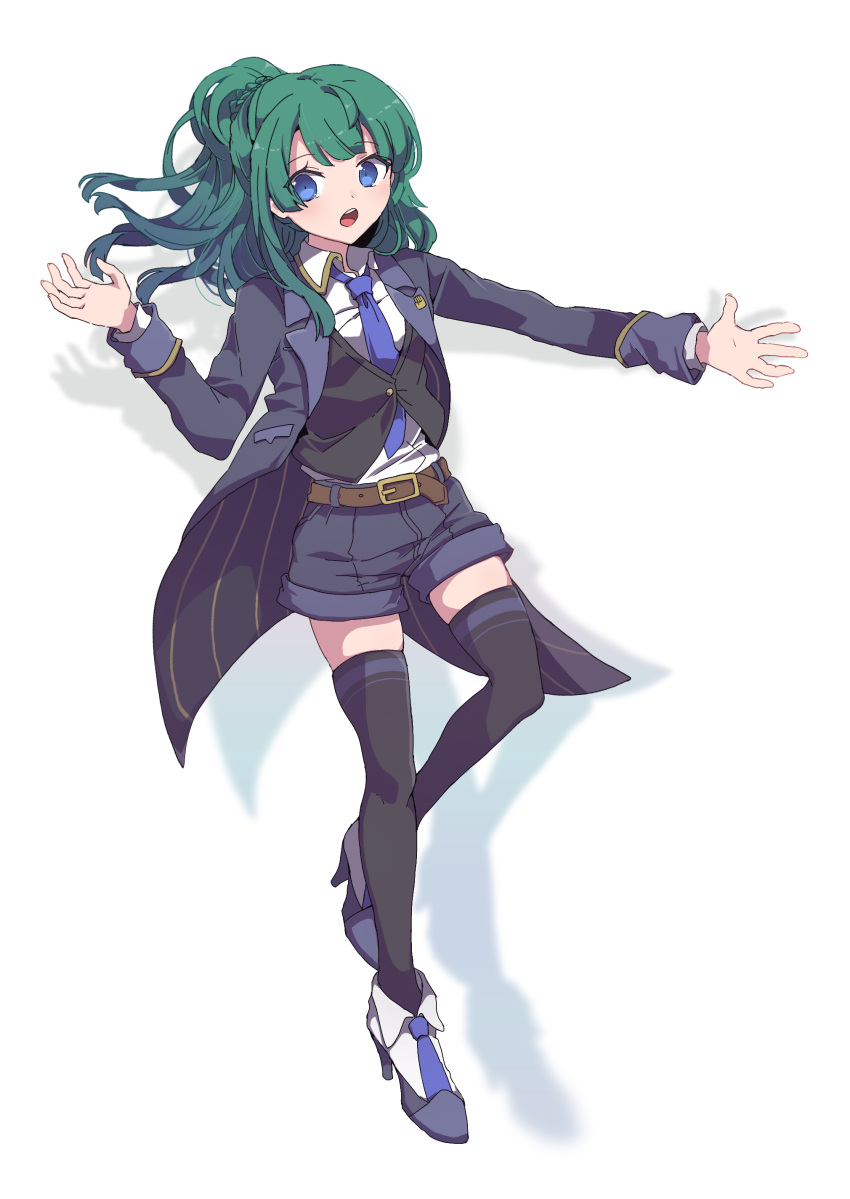 1girl :o absurdres belt black_jacket black_shorts black_thighhighs black_vest blue_eyes blue_necktie brown_belt collared_shirt commentary_request cosplay drop_shadow full_body green_hair hand_up high_heels high_ponytail highres jacket long_hair long_sleeves minami_mirei minami_mirei_(cosplay) necktie nojima_minami open_clothes open_jacket open_mouth outstretched_arm pretty_(series) pripara shirt shorts solo standing thighhighs tsukikawa_chiri vest white_background white_shirt