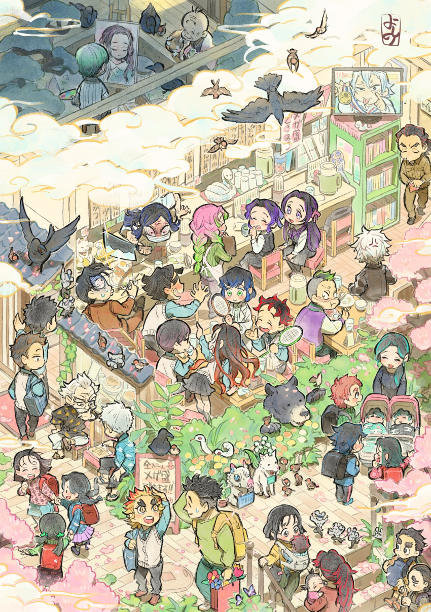 agatsuma_touko agatsuma_yoshiteru anger_vein apron baby babywearing backpack bag bald bear bird black_hair blue_hair blue_shirt board_game bookshelf bowl braid brother_and_sister brothers bush canvas_(object) cat chachamaru_(kimetsu_no_yaiba) cherry_blossoms child cleaver cloud color_drain covered_mouth crow cup day dog door drawing easel eating egasumi extra family female_child from_above green_eyes green_hair hair_over_shoulder hand_fan happy hashibira_aoba highres holding holding_bag holding_hands holding_weapon iguro_obanai_(c205) indoors kamado_kanata kamado_sumihiko kanroji_mitsuri_(c205) kimetsu_no_yaiba kochou_kanae_(c205) kochou_shinobu_(c205) lab_coat leaning_forward long_hair male_child mask miniskirt mohawk mother_and_child mouse mouth_mask multicolored_hair ninju_(kimetsu_no_yaiba) old old_man outdoors painting_(object) pants paper_bag paper_fan pervert petals pig playing_games pleated_skirt pointing purple_eyes purple_hair racket randoseru red_hair rengoku_toujurou restaurant scar scar_on_face scared school_uniform shirt short_hair siblings sitting skirt sleeping snake spoilers stairs standing streaked_hair stroller swallow_(bird) sweater_vest talking tea television tennis_racket tomioka_giichi twintails two-tone_hair ubuyashiki_kiriya uchiwa updo usikani veranda walking weapon yunomi yushiro_(kimetsu_no_yaiba)