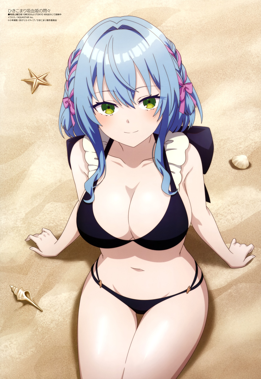 1girl absurdres beach bikini black_bikini blue_hair breasts cleavage highres large_breasts looking_at_viewer magazine_scan megami_magazine navel non-web_source official_art outdoors sand scan swimsuit thighs