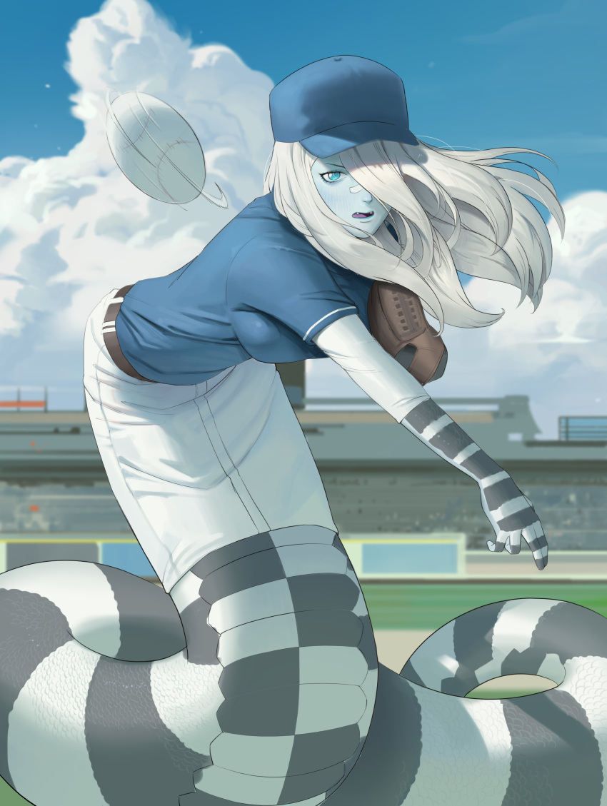 1girl absurdres aqua_skin baseball baseball_cap baseball_mitt baseball_stadium baseball_uniform blue_eyes blue_headwear blue_shirt blue_sky boonie_baby borrowed_character breasts bright_pupils cloud fangs full_body grass grey_scales hair_over_one_eye hat highres ivy_(sparrowl) lamia large_breasts long_hair looking_at_viewer monster_girl open_mouth original outdoors pencil_skirt scales shirt short_sleeves skirt sky slit_pupils solo sportswear t-shirt throwing white_hair white_pupils white_scales white_skirt