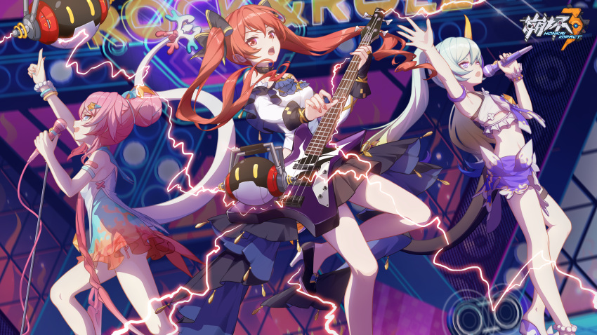 3girls :d absurdres aqua_hair armpits bare_shoulders bass_guitar blue_eyes chinese_commentary concert double_bun dress electricity frederica_nikola_tesla hair_between_eyes hair_bun hair_ornament high_heels highres holding holding_instrument holding_microphone honkai_(series) honkai_impact_3rd instrument liliya_olenyeva long_hair looking_at_viewer microphone multiple_girls music official_alternate_costume official_alternate_hairstyle official_art official_wallpaper open_mouth pink_hair ponytail purple_eyes red_eyes red_hair rozaliya_olenyeva siblings sisters skirt sleeveless smile swimsuit twins twintails