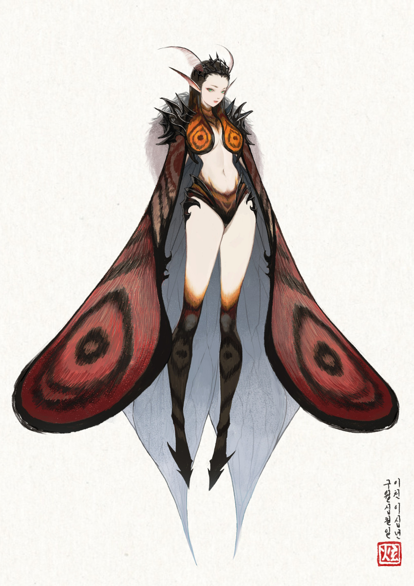 1girl absurdres arthropod_girl arthropod_limbs black_hair body_fur breasts brown_fur closed_mouth commentary ddcc0123 english_commentary floating full_body green_eyes grey_fur highres korean_text lips long_hair looking_at_viewer medium_breasts monster_girl moth_antennae moth_girl moth_wings multicolored_fur navel neck_fur orange_fur original solo tiara translation_request white_background wings