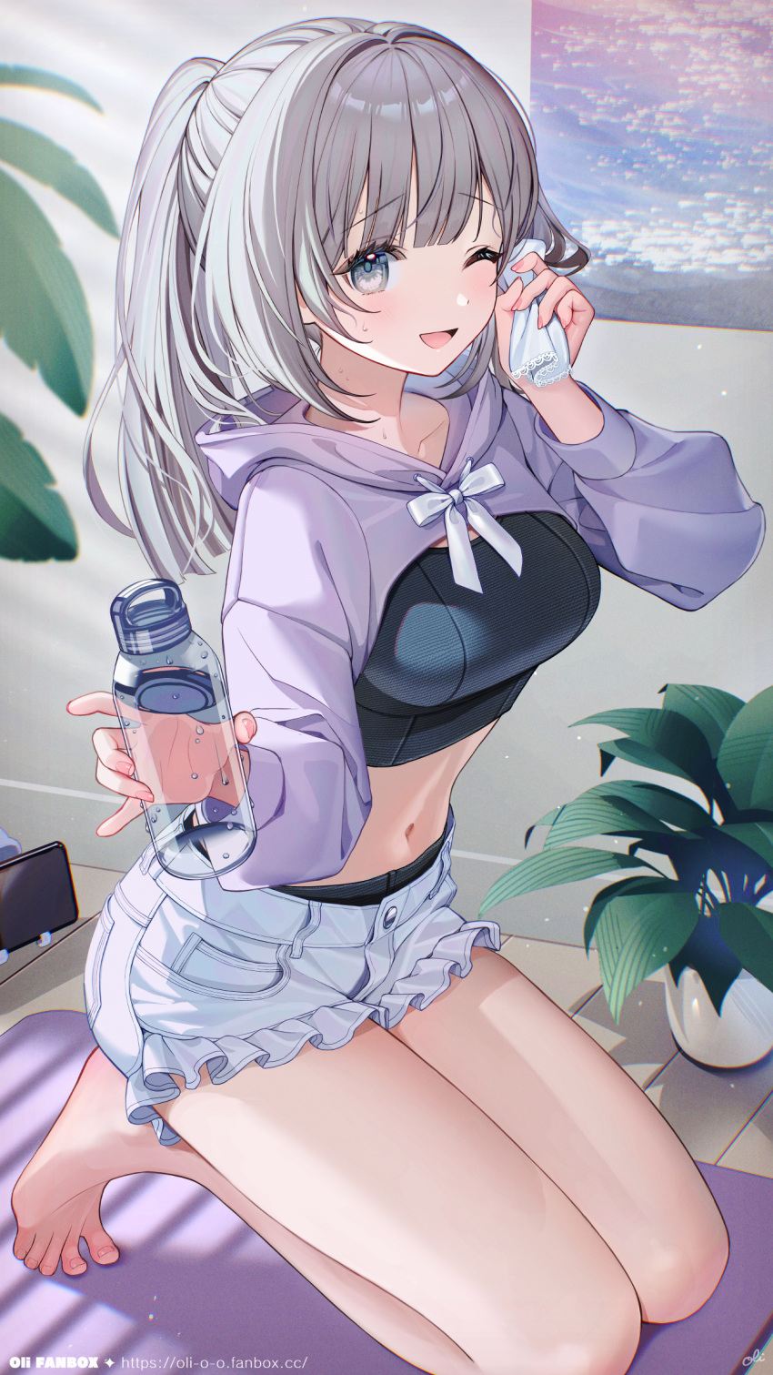 1girl artist_name barefoot black_panties black_shirt black_sports_bra blunt_bangs bottle breasts cellphone collarbone crop_top denim denim_shorts fanbox_username feet frilled_shorts frills from_side full_body grey_eyes grey_hair hair_intakes highres holding holding_bottle holding_handkerchief hood hood_down hoodie indoors kneeling legs legs_together long_hair long_sleeves looking_at_viewer medium_breasts midriff navel oli one_eye_closed open_mouth original painting_(object) panties parted_bangs phone plant ponytail purple_hoodie ribbon shirt short_shorts shorts shrug_(clothing) sidelocks smartphone smile solo sports_bra sports_panties sportswear spread_toes stomach thighs toenails toes underwear water water_bottle watermark white_ribbon white_shorts yoga yoga_mat