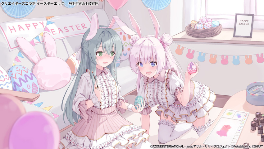 2girls :d all_fours animal_ears aqua_hair art_brush assault_lily balloon blue_eyes blurry blurry_foreground blush bow breasts buttons center_frills collared_dress commentary_request couch crossed_bangs daidai_(daidai826) day double_bun dress easter easter_egg egg fake_animal_ears frilled_dress frilled_sleeves frilled_thighhighs frills green_eyes hair_between_eyes hair_bow hair_bun hairband hand_up hands_up highres holding holding_egg holding_paintbrush indoors jewelry layered_dress long_hair long_sleeves looking_at_another looking_at_object medium_breasts multiple_girls nose_blush official_alternate_costume official_art on_floor open_mouth paintbrush palette_(object) pennant pillow pink_bow pink_hair puffy_short_sleeves puffy_sleeves rabbit_ears rabbit_pillow ring short_sleeves sitting smile string_of_flags table tanba_akari thighhighs toki_kureha translation_request two-tone_dress very_long_hair watermark white_bow white_dress white_hairband white_thighhighs wide_sleeves wrist_cuffs zettai_ryouiki