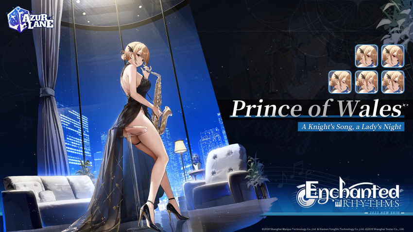 1girl artist_request ass azur_lane black_background black_dress blonde_hair breasts building chair character_name cityscape couch curtains dress evening_gown flower flower_pot folded_hair from_below from_side glass_table hair_ornament high_heels highres holding holding_instrument instrument lampshade large_breasts legs long_dress looking_back night night_sky official_alternate_costume official_art overhead_lights plant prince_of_wales_(a_knight's_song_a_lady's_night)_(azur_lane) prince_of_wales_(azur_lane) red_eyes saxophone side_slit sideboob sky skyscraper sleeveless sleeveless_dress solo table thigh_strap thighs window
