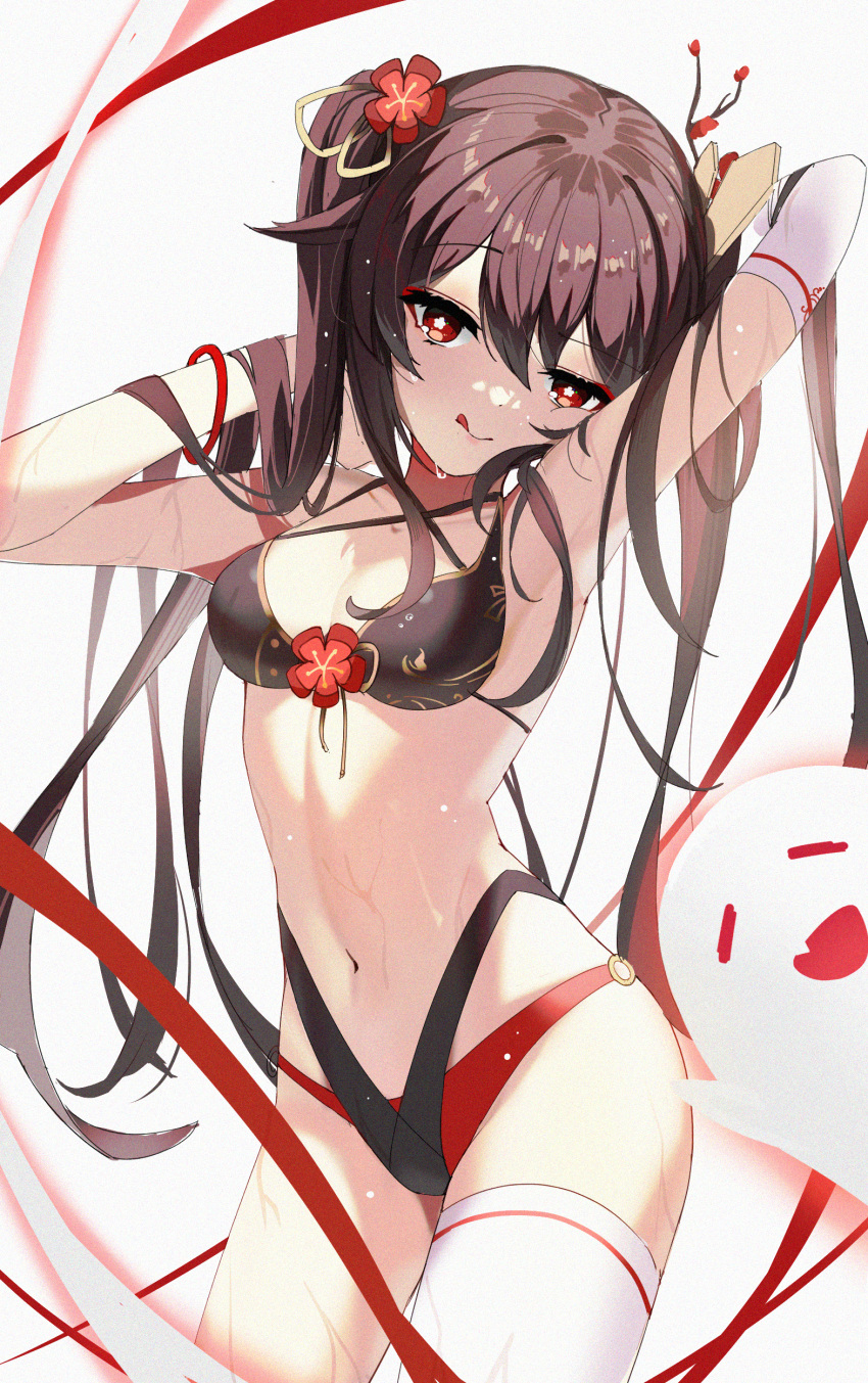 1girl :p absurdres alternate_costume armpits arms_up bikini blush boo_tao_(genshin_impact) bright_pupils brown_hair closed_mouth elbow_gloves flower flower-shaped_pupils genshin_impact ghost gloves hair_between_eyes hair_flower hair_ornament hiciki highleg highleg_swimsuit highres hu_tao_(genshin_impact) long_hair looking_at_viewer multicolored_clothes multicolored_swimsuit navel red_eyes red_flower red_ribbon ribbon simple_background single_thighhigh solo swimsuit symbol-shaped_pupils thighhighs tongue tongue_out twintails wet white_background white_pupils white_thighhighs yellow_ribbon