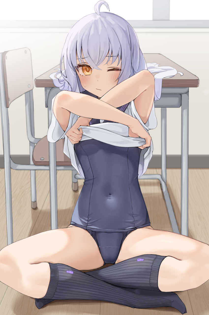 1girl :/ absurdres ahoge black_socks blush breasts chair covered_navel crotch desk eyelashes highres indoors kopaka_(karda_nui) legs light_purple_hair long_hair looking_at_viewer no_shoes on_floor one_eye_closed original ribbed_socks sailor_collar school_chair school_desk school_swimsuit school_swimsuit_flap shirt short_sleeves sidelocks sitting small_breasts socks solo sunlight sweat swimsuit swimsuit_under_clothes thighs undressing white_shirt window wooden_floor yellow_eyes