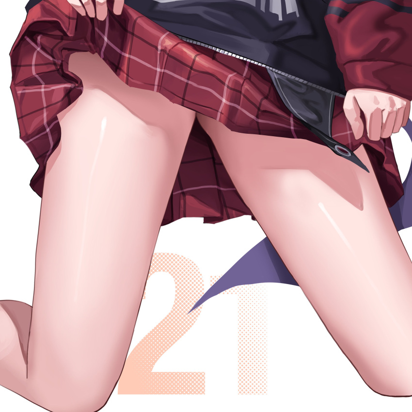 1girl absurdres bare_legs blue_archive demon_wings highres hood hoodie kayoko_(blue_archive) khoaphan96 kneeling lifted_by_self lower_body miniskirt plaid plaid_skirt simple_background single_wing skirt solo thigh_focus thighs white_background wings