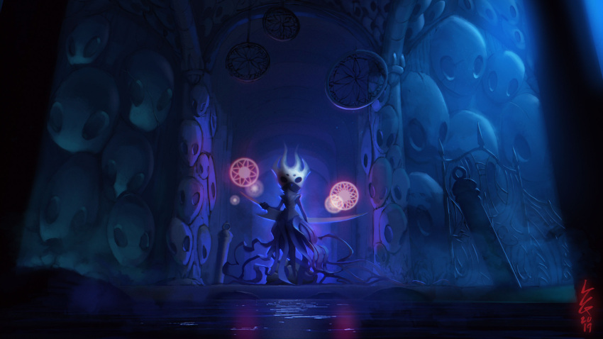 2019 3d_(artwork) ambiguous_gender anthro arthropod ashenhare black_eyes blue_theme cool_colors cracked_mask cracks detailed detailed_background digital_media_(artwork) dreamcatcher empty_eyes essence_(hollow_knight) exoskeleton featureless_feet fog foreground_silhouette front_view game_background gate grey_body grey_exoskeleton hi_res holding_object holding_sword holding_weapon hollow_knight horn insect inside levitation low-angle_view melee_weapon mixed_media oversized_weapon revek ribbons_(anatomy) solo sword team_cherry warrior water weapon wrought_iron