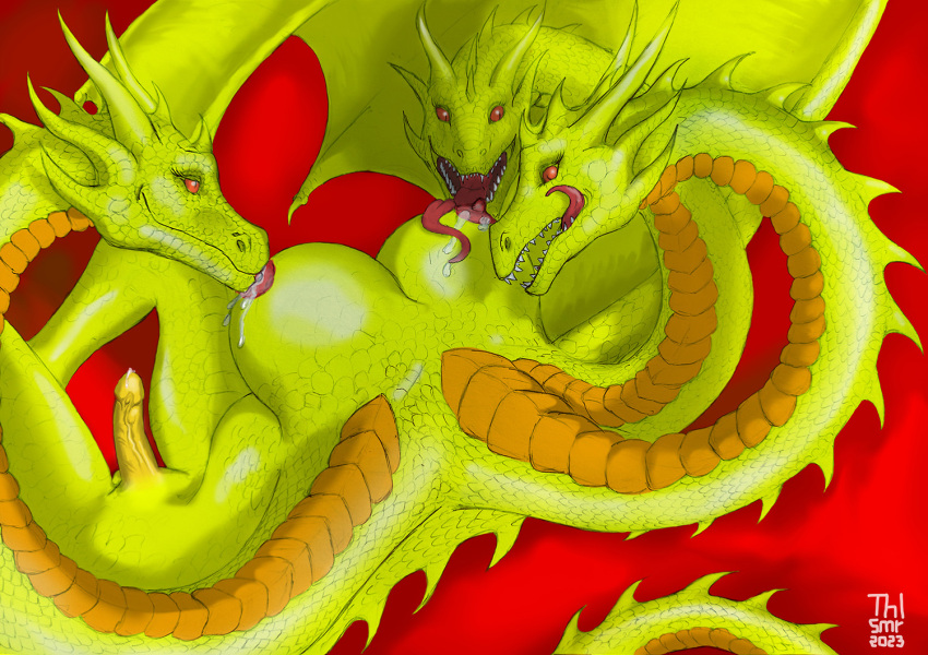 bodily_fluids breast_play breasts breasts_licking dragon genitals godzilla_(series) gold_scales gynomorph hydra intersex king_ghidorah multi_head nipples penis red_sclera solo tail thalasmir toho wings