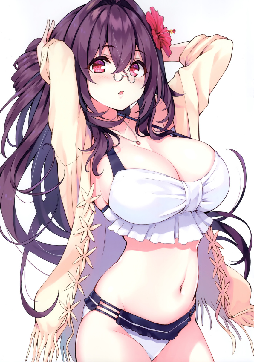 1girl absurdres arms_behind_head blush breasts cu-no flower glasses hair_flower hair_ornament hibiscus highres hisen_kaede jacket jewelry kokonoe_tamaki large_breasts long_hair long_sleeves looking_at_viewer navel necklace open_clothes open_jacket open_mouth purple_eyes red_eyes simple_background stomach thighs white_background