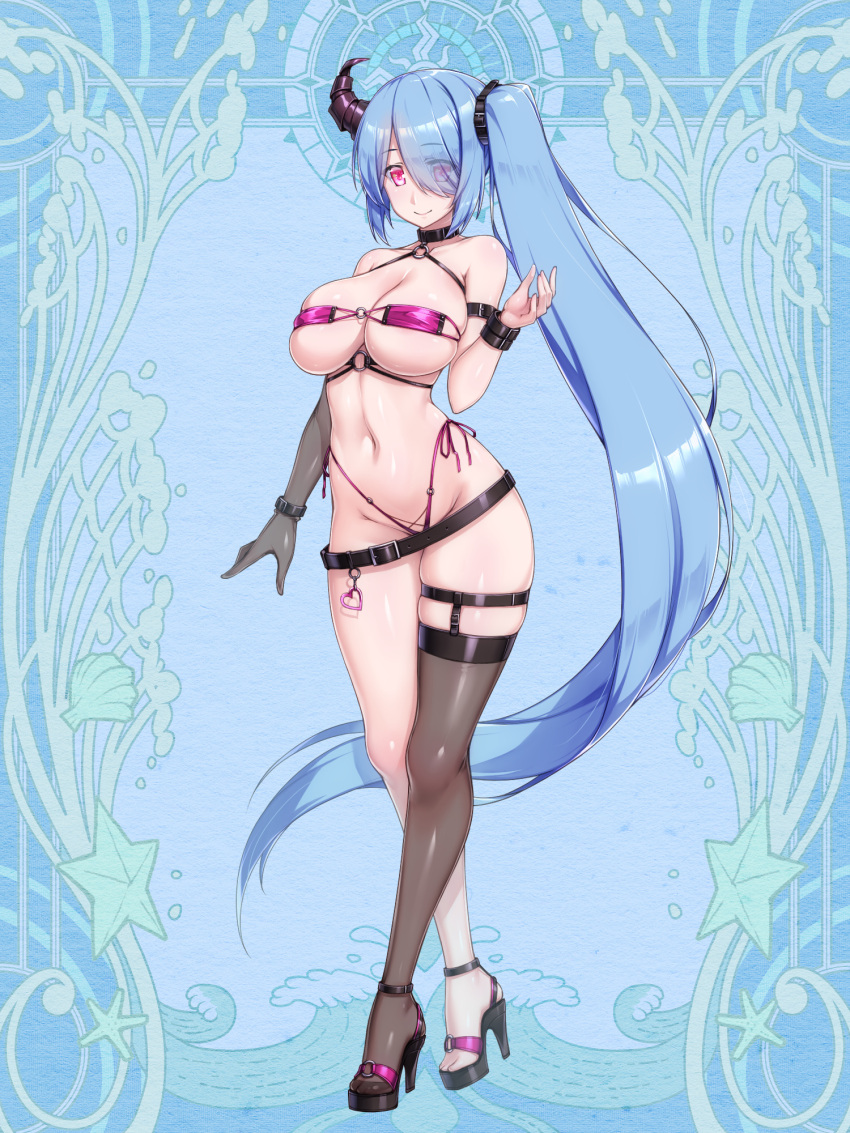1girl absurdly_long_hair arm_strap bare_shoulders belt bikini black_belt blue_hair bracelet breast_press breasts character_request choker clam cleavage cocytus_(wind_master) commentary_request covered_nipples dairoku_ryouhei elbow_gloves gloves groin hair_over_one_eye harness heart heart-shaped_ornament high_heels highres horns jewelry large_breasts long_hair micro_bikini navel o-ring o-ring_harness pink_eyes see-through side-tie_bikini_bottom side_ponytail sideboob single_bare_arm single_bare_leg single_elbow_glove single_horn single_thighhigh skindentation smile solo standing starfish stomach strapless strapless_bikini swimsuit thighhighs underboob very_long_hair waving