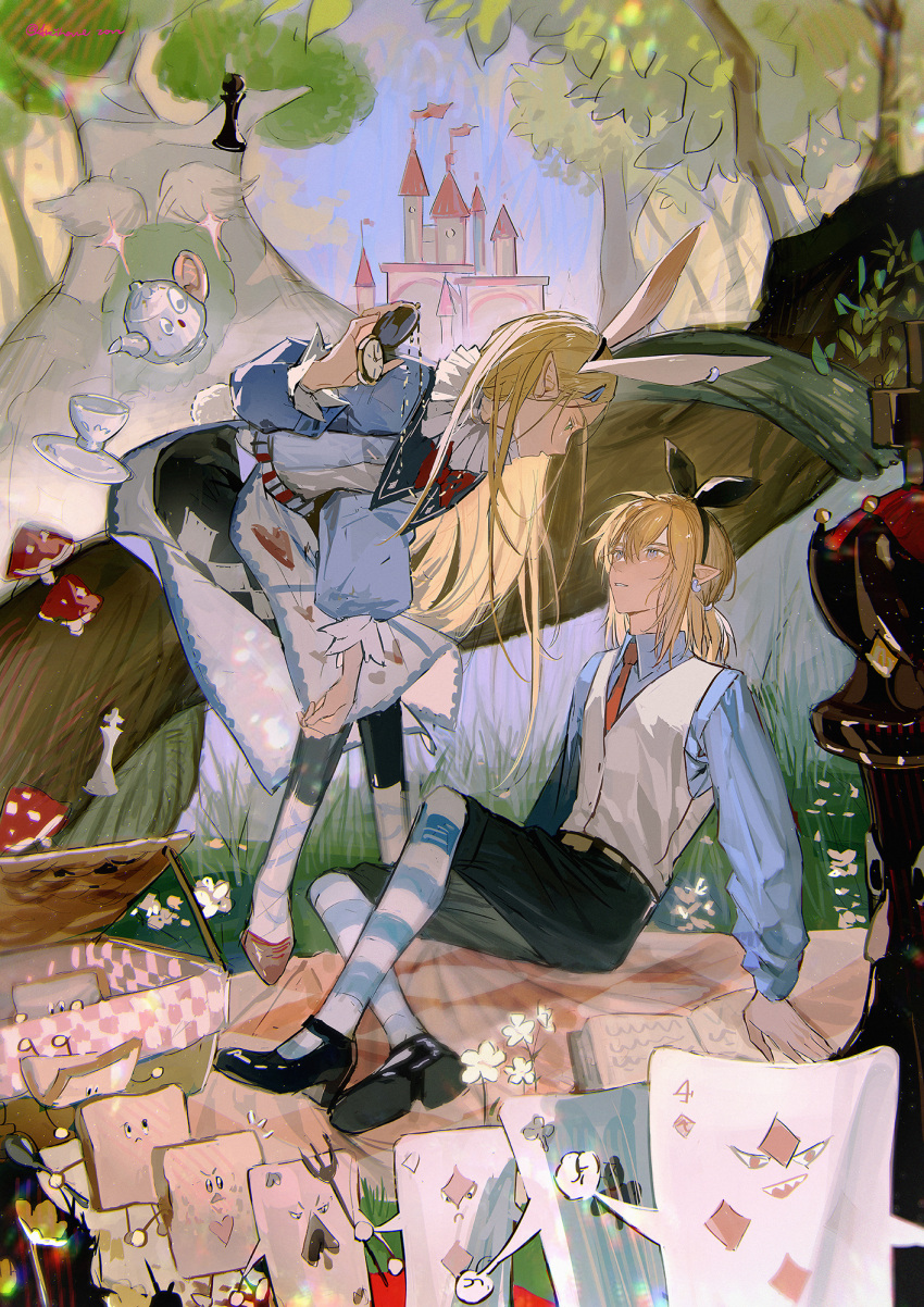 1boy 1girl akihare alice_(alice_in_wonderland) alice_(alice_in_wonderland)_(cosplay) alice_in_wonderland animal_ears arm_support artist_name belt black_bow black_footwear black_pants black_shorts blanket blonde_hair blue_dress blue_shirt bow bread bread_slice card castle chess_piece cosplay creature cup day dress earrings extra_ears eye_contact floating floating_object food forest fork grass hair_bow hairband hand_up heart heart_print highres holding in_tree jewelry king_(chess) light_particles link loafers long_hair long_sleeves looking_at_another looking_down mushroom nature outdoors pants pawn_(chess) picnic picnic_basket pocket_watch pointy_ears poison_mushroom ponytail princess_zelda profile puffy_long_sleeves puffy_sleeves queue rabbit_ears rabbit_girl red_footwear sash saucer shirt shoe_soles shoes short_hair shorts sitting socks striped striped_thighhighs tabard tea_set teacup teapot the_legend_of_zelda thighhighs tree very_long_hair watch white_rabbit_(alice_in_wonderland) white_rabbit_(alice_in_wonderland)_(cosplay)