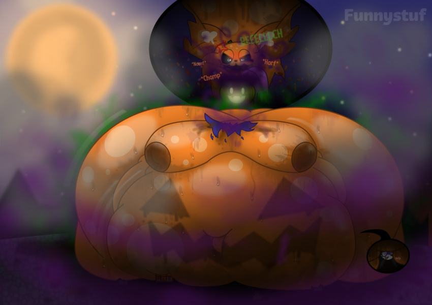 2018 animal_crossing belly belly_expansion big_belly boots breasts burping candy clothing concrete_floor dark dessert english_text expansion food footwear fruit gluttonousguzzlord green_text groaning growing growth halloween holidays jack_(animal_crossing) moobs nintendo onomatopoeia orange_text overweight plant pumpkin punchy_(animal_crossing) purple_text sequence slob sound_effects text watermark weight_gain