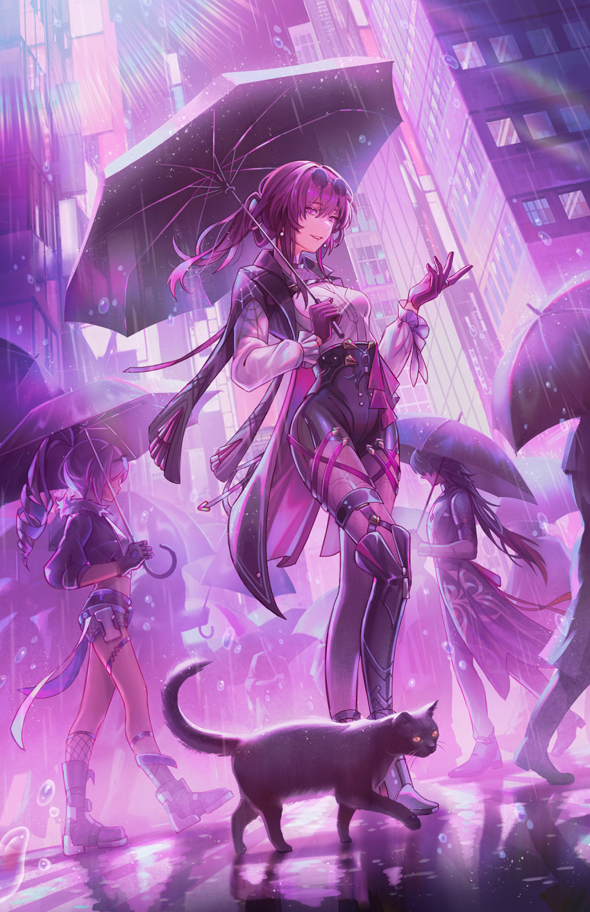 black_jacket duplicate eyewear_on_head highres holding holding_umbrella honkai:_star_rail honkai_(series) jacket jwijaya_art kafka_(honkai:_star_rail) long_jacket pixel-perfect_duplicate purple_eyes purple_hair round_eyewear shirt spider_web_print sunglasses tagme umbrella white_shirt