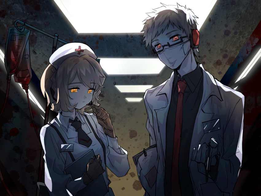 1boy 1girl backlighting black_necktie black_shirt blonde_hair blood blood_bag bolimanyu_z brown_gloves carrying carrying_under_arm ceiling_light chinese_commentary clipboard collared_shirt commentary_request cross doctor dr._dareka dress expressionless glasses gloves glowing glowing_eyes half-closed_eyes hand_up headphones highres holding holding_clipboard holding_pen indoors intravenous_drip iv_stand labcoat looking_at_viewer looking_down mask mouth_mask name_tag necktie nurse nurse_robot_type_t orange_eyes pale_skin pen rectangular_eyewear red_cross red_eyes red_necktie semi-rimless_eyewear shirt shirt_under_dress short_hair short_necktie surgical_mask upper_body utau white_dress white_hair white_shirt