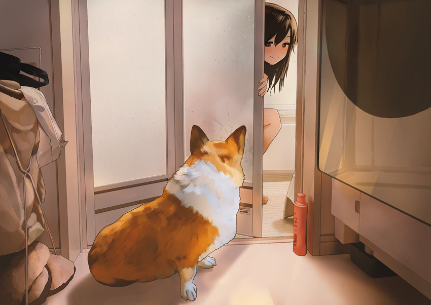 1girl bathing bathroom black_hair blush closed_mouth dog folding_door indoors laundry looking_at_animal medium_hair morifumi nude original peeking_out reflection smile two-tone_fur washing_machine welsh_corgi window_fog