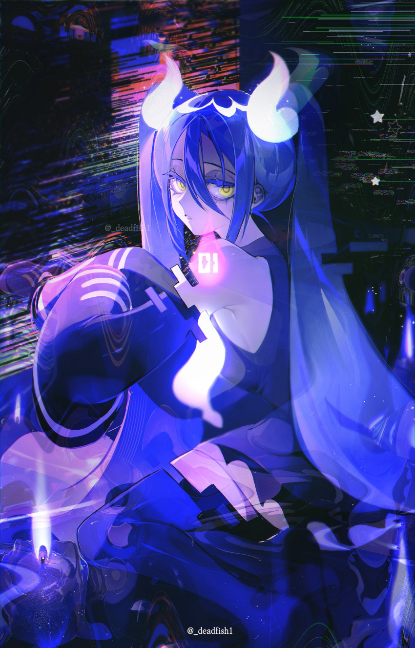 1girl bare_shoulders black_thighhighs candle commentary detached_sleeves eungo ghost ghost_miku_(project_voltage) glitch grey_shirt hair_between_eyes hatsune_miku highres long_hair looking_at_viewer necktie pale_skin pokemon project_voltage shirt skirt sleeves_past_fingers sleeves_past_wrists thighhighs twintails twitter_username very_long_hair vocaloid will-o'-the-wisp_(mythology) yellow_eyes