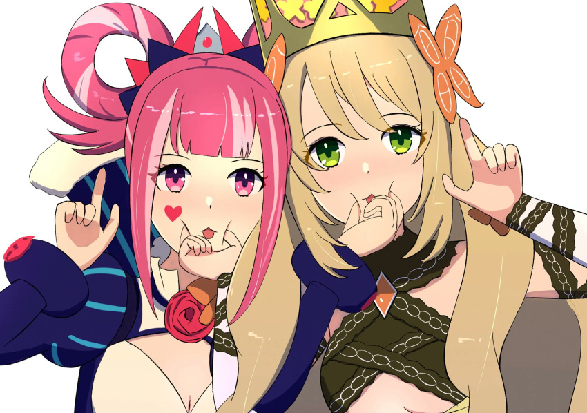 2girls blonde_hair breasts butterfly_hair_ornament celine_(fire_emblem) cleavage cleavage_cutout clothing_cutout crown facial_mark fire_emblem fire_emblem_engage green_eyes hair_ornament hair_rings hand_on_another's_face heart heart_facial_mark highres hortensia_(fire_emblem) long_sleeves mgnk33 multicolored_hair multiple_girls pink_eyes pink_hair two-tone_hair white_background