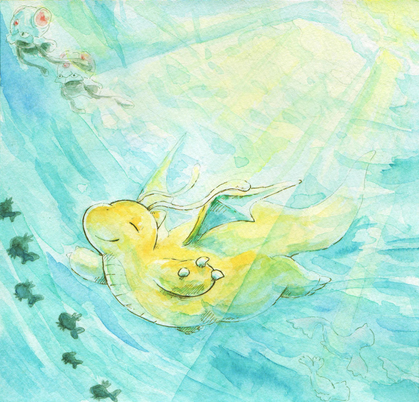 animal_focus claws closed_eyes dewgong dragon dragonite highres kumori_nohi magikarp no_humans nostrils outstretched_arms painting_(medium) pokemon pokemon_(creature) smile sunlight swimming tentacool traditional_media underwater watercolor_(medium) wings