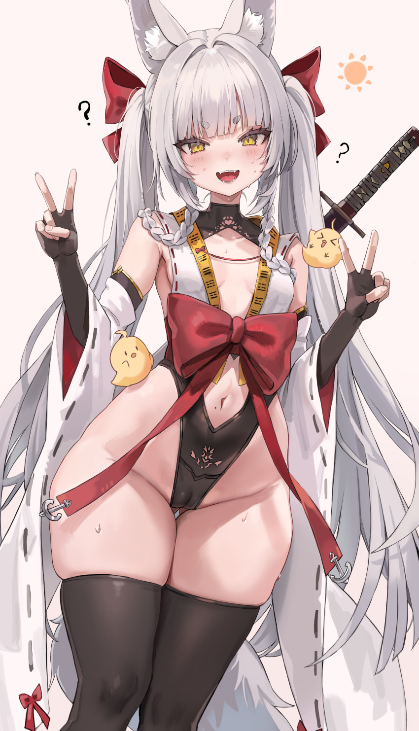 1girl ? absurdres animal_ear_fluff animal_ears asanagi_(azur_lane) ass_visible_through_thighs azur_lane black_thighhighs blush breasts cameltoe collarbone commentary detached_sleeves double_v elbow_gloves fangs feet_out_of_frame fingerless_gloves fox_ears freng gloves grey_hair groin highres katana long_hair looking_at_viewer manjuu_(azur_lane) navel revealing_clothes simple_background skindentation small_breasts solo stomach sweat sword thick_thighs thigh_gap thighhighs thighs twintails v very_long_hair weapon weapon_on_back white_background wide_hips yellow_eyes