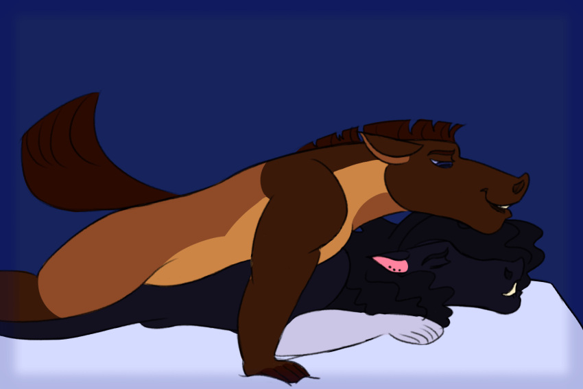 2d_animation animated anthro bed bite biting_lip black_body black_hair blue_eyes brown_body brown_hair dilfcowenthusiast duo equid equine everett furniture furrowed_brow hair horse humping loop male male/male mammal markings nude on_bed prone_bone sex shaved_head simple_animation simple_background smile sterling thrusting yellow_eyes