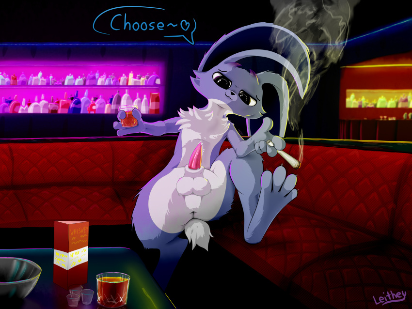 absurd_res alcohol animal_genitalia anthro balls bar beverage black_eyes blue_body butt club_(disambiguation) colored dialogue drugs fake_horns feet furniture genitals hi_res holding_beverage holding_joint holding_object lagomorph leithey leporid looking_at_viewer looking_down looking_down_at_viewer male mammal marijuana neon_lights penis presenting presenting_hindquarters presenting_penis rabbit shaded sheath sitting small_tail smoke smug sofa solo tail tapering_penis