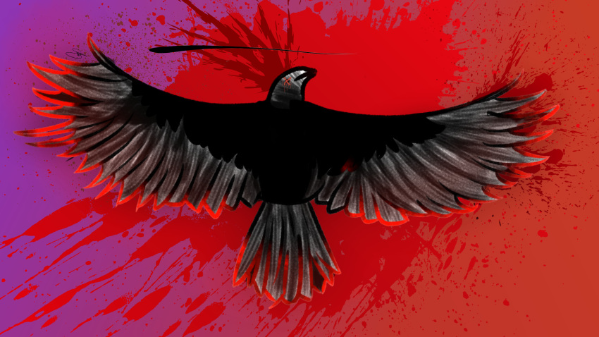 16:9 akiio ambiguous_gender avian bird blood blood_splatter bodily_fluids corvid corvus_(genus) feathered_wings feathers feral gore gore_focus gradient_background hi_res oscine paint passerine raven simple_background solo spray_paint spread_wings widescreen wings x_marking