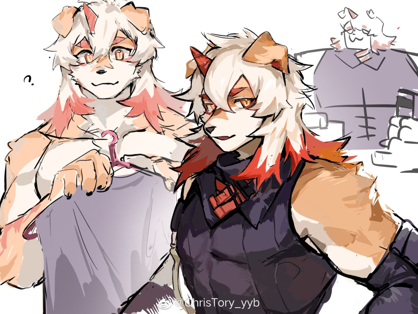 1boy :3 ? animal_ears arknights bangs bara bare_shoulders brown_fur christory_yyb collage detached_sleeves dog_boy dog_ears furry furry_male highres holding holding_clothes holding_shirt horns hung_(arknights) long_hair male_focus multicolored_hair muscular muscular_male orange_eyes orange_hair pectorals sattou_(style) seductive_smile shirt short_hair single_horn sketch smile streaked_hair two-tone_fur white_fur white_hair